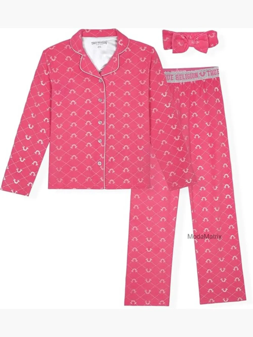 Girls 3pc PJ Set Button-Front Top Sleep Pants Headband